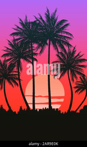 Natural Coconut trees mountains horizon hills silhouettes of trees and hills in the evening Sunrise and sunset Landscape wallpaper Illustration vector Stock Vector