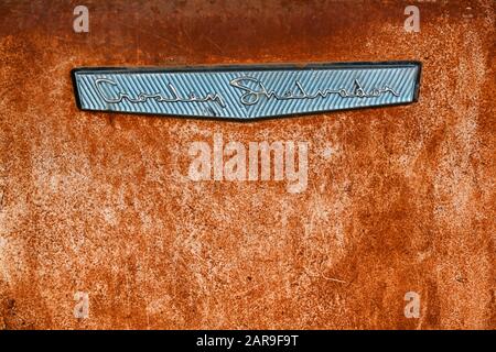 Name badge on an old decaying refrigerator. Stock Photo