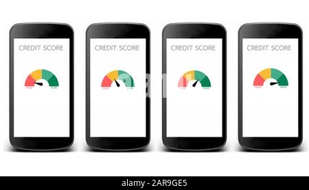 Collection smartphones with gauge credit score app on the screen for text Financial information about the client isolated on white background / Custom Stock Photo