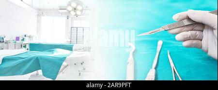 Hand holding surgical knife instruments and operating room Interior Stock Photo