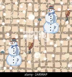Seamless Pattern with snowman on green background. Vector Illustration Stock Vector