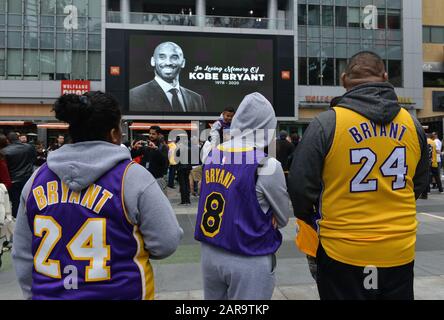 FILE: Basketball fans attend a makeshift memorial to Los Angeles Lakers star Kobe Bryant at Staples Center in Los Angeles on Sunday, January 26, 2020. Bryant was killed along with his 13-year-old daughter Gianna in a helicopter crash today in Calabasas, California. Photo by Christine Chew/UPI Credit: UPI/Alamy Live News
