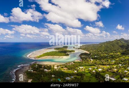 Aerial view of the Muri lagoon and beach in Rarotonga in the Cook islands in the south Pacific ocean Stock Photo