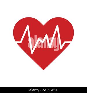 Red isolated icon of heart with white pulse line on white background. Silhouette of heart. Flat design. Symbol of healthy lifestyle and love. Stock Vector