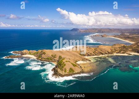 Aerial view of the idyllic Bukit Marese peninsula in Kuta,  Lombok, Indonesia Stock Photo