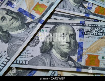100 US dollar billnote (USD) background. Finance concept for design, advertising. Stock Photo