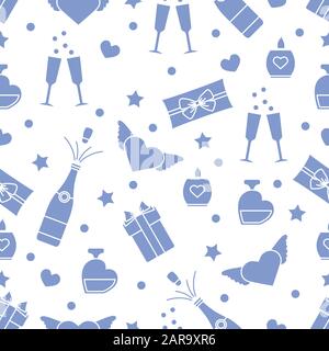 Vector seamless pattern Happy Valentine's Day, Birthday, Wedding, Mother's day Gifts, glasses, bottle, perfume, candle, wings, hearts Romantic backgro Stock Vector