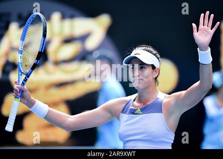 Melbourne, Australia. 27th Jan, 2020. GARBIÃ‘E MUGURUZA (ESP) celebrates after defeating 9th seed KIKI BERTENS (NED) on Rod Laver Arena in a Women's Singles 4th round match on day 8 of the Australian Open 2020 in Melbourne, Australia. Sydney Low/Cal Sport Media/Alamy Live News Stock Photo