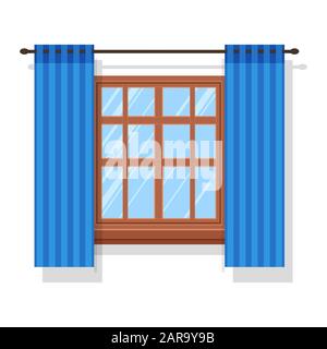 Blue curtain panels with curtain panels hanging on rod Stock Vector