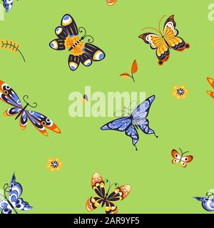 Butterflies with decoratively printed wings seamless pattern on green background Stock Vector