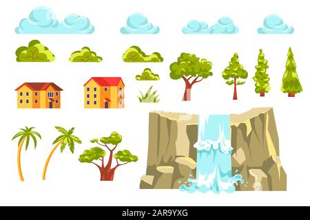 Landscape constructor set with trees and waterfall Stock Vector