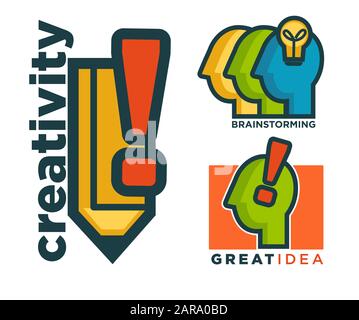 Creativity and brainstorming logo with exclamation point on head outline Stock Vector