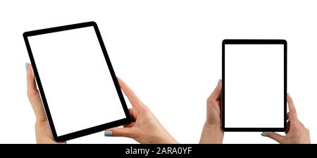 Tablet computer mockup in woman hand isolated on white background. Tablet laptop mockup with blank white screen. Empty space for text. Copy space. Iso Stock Photo