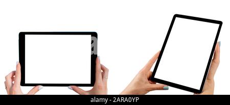 Tablet computer mockup in woman hand isolated on white background. Tablet laptop mockup with blank white screen. Empty space for text. Copy space. Iso Stock Photo