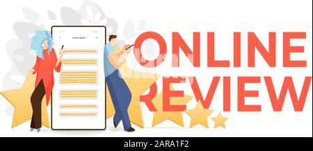 Feedback, survey vector flat concept with people, man and woman sitting on big rating stars, writing reviews and making comments about service or Stock Vector