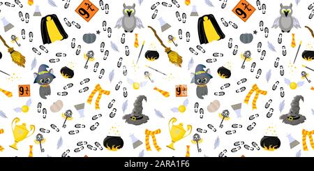 Youth seamless pattern. School of magic and witchcraft. Magical items. Broom for flying, talking hat and mantle of invisibility. Hgwarts Cup and magic Stock Vector