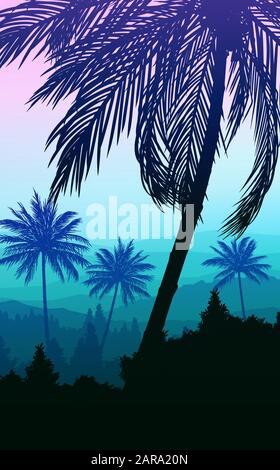 Natural Coconut trees mountains horizon hills silhouettes of trees and hills in the evening Sunrise and sunset Landscape wallpaper Illustration vector Stock Vector