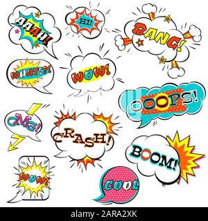 Set of comic speech bubble with inscription: boom, wow, what, bang, omg, aah, boom, crash, hi, cool. Collection of vector cartoon explosions and cloud Stock Vector