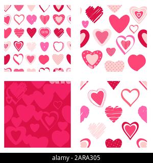 Set of seamless patterns with Valentine hearts of red and pink colors. Collection of elements for Valentine's day. Endless texture can be used for pat Stock Vector