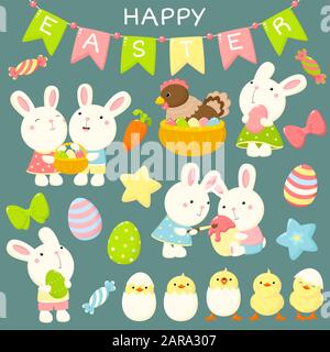 Happy Easter collection. Cute cartoon characters set. Baby rabbits with Easter eggs, cheerful chicken in an eggshell, chicken in a basket. EPS8 Stock Vector