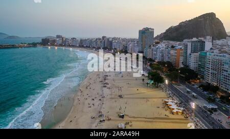 14 September 2019, Brazil, Balneário Camboriú: 14.09.2019, Brazil, Rio de Janeiro: Drone view of the beach 'Copacabana' at sunset. Photo: Gerald Matzka/dpa-Zentralbild/ZB Stock Photo