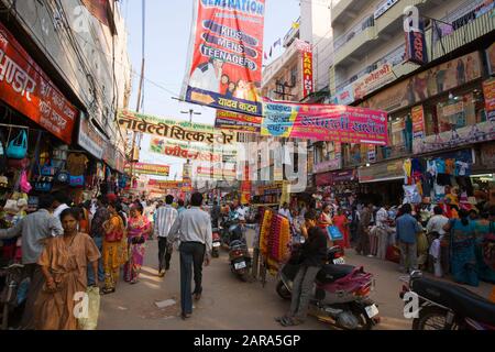 Down town and main street of holy Varanasi, also Benares, Banaras, Uttar Pradesh, India, South Asia, Asia Stock Photo