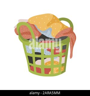 Isolated on white background basket with a bunch of dirty laundry. Vector flat illustration. Stock Vector