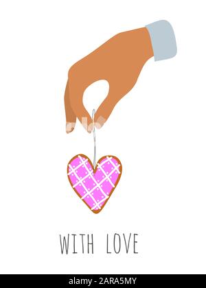 Happy Valentine's Day. Hand holding a gingerbread on a thread with icing in the shape of a heart. Isolated flat vector illustration on white Stock Vector