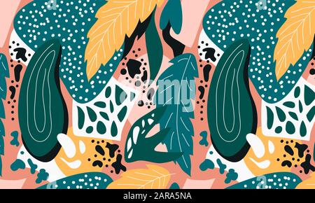 Abstract contemporary vector seamless pattern. Hand drawn various shapes and doodle objects. Horizontal endless ornament Stock Vector