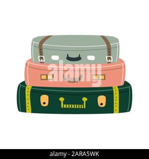 Isolated pile of suitcases. Travel bags stacked on top of one another. Vector flat illustration. Stock Vector