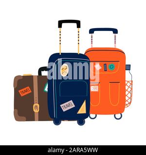 Isolated Suitcases with wheels. Travel bag with various stickers.Hand drawn vector illustration in flat cartoon style. Stock Vector