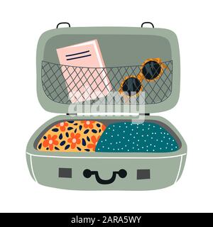 Isolated open suitcase with things. Travel bag with folded clothes, book and sunglasses.Vector flat illustration Stock Vector