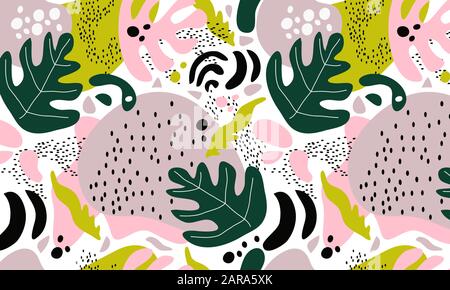 Abstract modern vector seamless pattern. Hand drawn various shapes and doodle objects. Horizontal endless ornament with tropical leaves Stock Vector