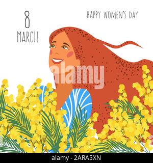 Happy womens day. Joyful face of a girl on a background of mimosa flowers. Flat hand draw vector illustration Stock Vector