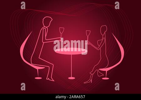 Couple having dinner in cafe. Romantic lunch with couple silhouette. Romantic Valentines day dinner or just a date on a red background. Stock vector Stock Vector