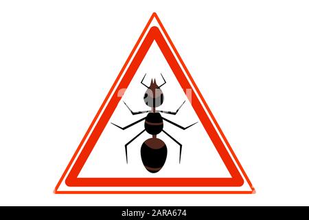 Anti ant sign for insecticide. Pest control sign. Warning sign ant's. Signs prohibition insects. Warning symbol isolated on white background. Vector Stock Vector