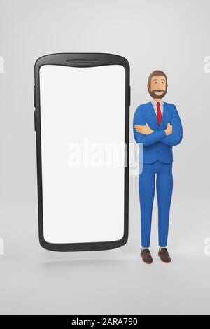 Cartoon character, businessman stand with a telephone. Businessman in a suit with a smile on his face. 3D rendering Stock Photo