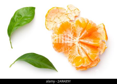 Peeled mandarine with green leaves isolated on white background. Orange, tangerine, clementine. Top view, flat lay Stock Photo