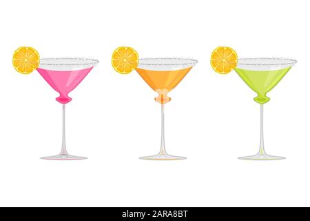 Set margarita cocktail isolated on white background.Margarita, tequila, liqueur, alcoholic cocktail in glass with lime slice in glass. Stock vector Stock Vector