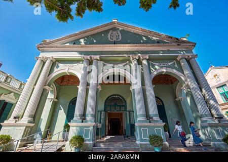 Main facade of the Dom Pedro V Theatre situated at Largo de Santo Agostinho. Macau, China. Stock Photo