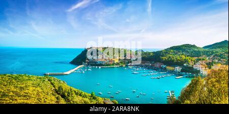 Porto Ercole village and boats in harbor in a sea bay. Aerial view. Monte Argentario, Maremma Grosseto Tuscany, Italy Stock Photo