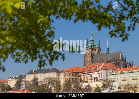 Prague Castle seen from Vltava river embankment, Prague, Bohemia, Czech Republic, Europe Stock Photo