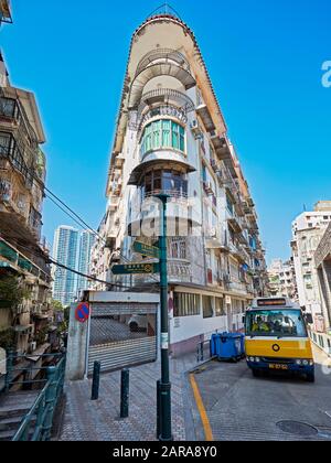 Residential buildings with balconies in historic centre. Macau, China. Stock Photo