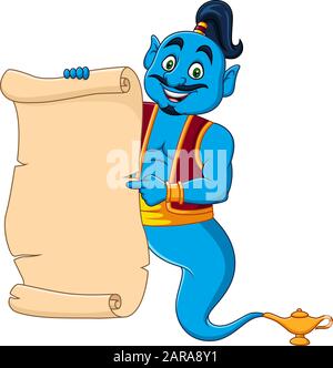 Cartoon genie holding blank scroll paper Stock Vector