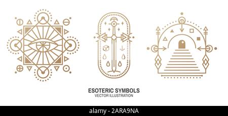 Esoteric symbols. Vector illustration. Thin line geometric badge. Outline icon for alchemy or sacred geometry. Mystic and magic design with all-seeing eye, gate to another world and sword. Stock Vector