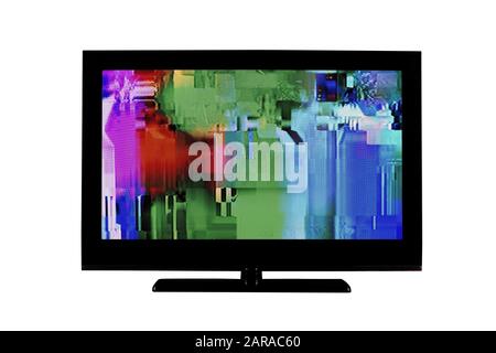 full hd monitor or television with digital glitches, distortions on the screen isolated on white background Stock Photo