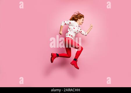 Full length body size view of nice attractive cheerful cheery foxy ginger wavy-haired girl running fast active lifestyle sporty regime gift delivery Stock Photo