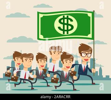Business leader holding big flag and running leading the way to his fellow colleagues businessman people. Stock Vector