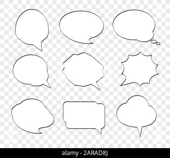 Set of nine hand drawn comic speech bubbles with white fill in pop art style. Empty clouds with space for text. Stock Vector