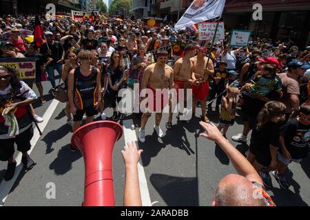 Sydney, NSW, AUSTRALIA - January 26, 2020: Thousands of aboriginal protesters in Hyde Park Sydney ask the government to change Australia Day date. Stock Photo